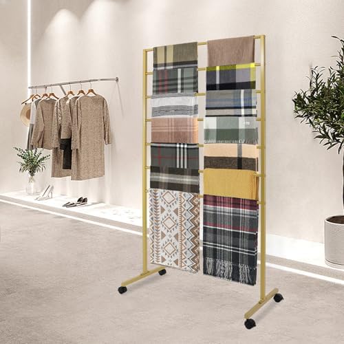 7 Tier Metal Display Rack with Wheels, Floor Standing Scarf Display Stand, Hijab Rack for Retail Stores, Towel, Belts, Ties, and Pants (Gold, 7 Tier) - Image 4