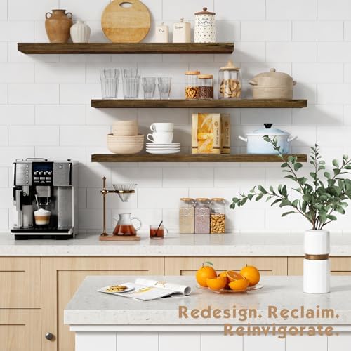 Forbena 36 Inch Floating Shelves for Wall Long Set of 3, Large Deep Wall Shelves for Bedroom Living Room Decor, Rustic Wood Floating Shelf for Kitchen Closet Office TV Plants Books (Dark Brown) - Image 3