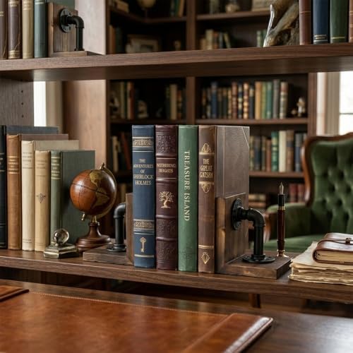 Bookends for Shelves, Heavy Book Ends with Extended Metal Base, Wood Non Skid Book Stopper, Antique Steampunk Industrial Pipe Office Decor for Men, Dark Brown L-Shaped Bookends Holder for Shelf (Pair) - Image 4