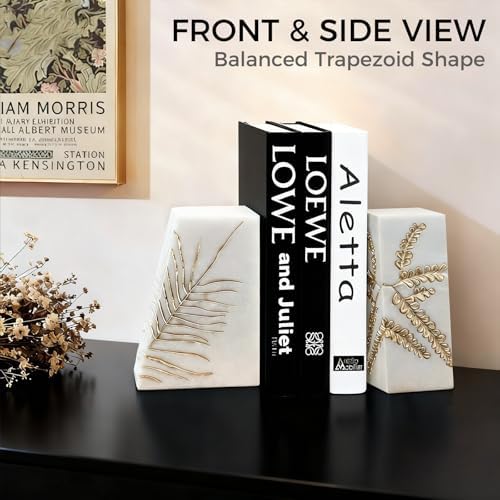 Heavy Duty Book Ends for Shelves, Decorative Book Ends for Heavy Books, Resin Modern Bookends with Marble Texture & Gold Botanical Detail, Minimalist Bookends for Home Decor, Set of 2 - Image 6