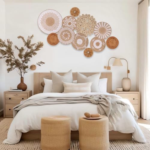 Boho Wall Basket Decor Set of 11 - Hanging Woven Bulrush Basket Wall Decor, Handcrafted Round Flat Baskets Wall Art, for Rustic Farmhouse、Home - Unique Rattan Wicker Wall Decor（White Retro） - Image 5
