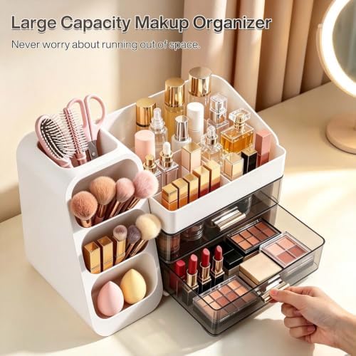 Large Capacity Makeup Organizer Countertop with Makeup Brush Holder for Vanity, Thickened Material（white） - Image 3