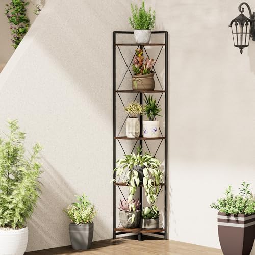 5 Tier Corner Shelf Stand, 64" H Tall Corner Bookshelf, Rustic Brown - Image 3