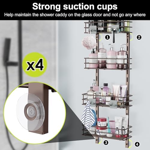 Orimade Over the Door Shower Caddy Adjustable 5 Tier Bronze,Bathroom Hanging Organizer Shelf Rustproof with 4 Hooks,Shower Basket with Soap Holder and Suction Cup - Image 2