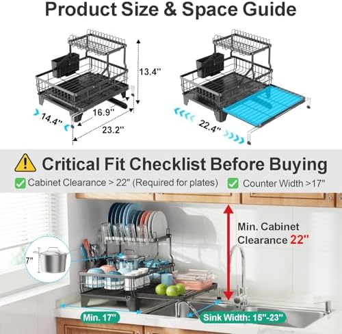 iSPECLE 2 Tier Dish Drying Rack - Expandable Over Sink & Counter Use, Black - Image 4