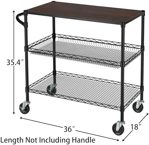 Finnhomy 3 Tier Heavy Duty Commercial Grade Utility Cart with Wood Top, Wire Rolling Cart with Wheels and Handle Bar, Kitchen Carts on Wheels, 18x36x35.4 H Metal Cart with 600 LBS Capacity, Black - Image 4