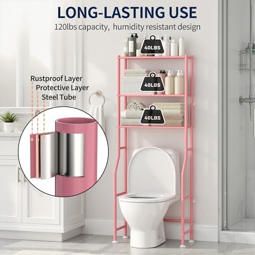 GloTika 3-Tier Over Toilet Storage, Anti-Wobble, Pink - Image 6