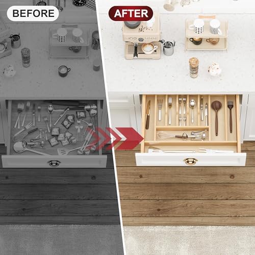Clikuutory Natural Birch Wood Utensil Drawer Insert Organizer with 10 Compartments, Space-Saving Sturdy Drop-In Cutlery Divider Tray, Kitchen Cabinet Storage for Silverware, Spoons, Forks and Knives - Image 4