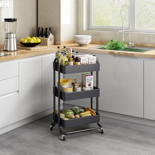 MIOCASA 3-Tier Metal Utility Rolling Cart, Heavy Duty Multifunction Cart with Lockable Casters, Easy to Assemble, Suitable for Office, Bathroom, Kitchen, Garden (Dark Gray, 3-Tier-Metal) - Image 5
