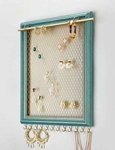 Heesch Hanging Earring Organizer Frame Wall Mounted Jewelry Holder Vintage Rustic Stud Earring Display with Removable Rod and 12 Hooks for Necklaces, Bracelets and Rings (Teal) - Image 6