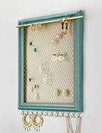 Heesch Hanging Earring Organizer Frame Wall Mounted Jewelry Holder Vintage Rustic Stud Earring Display with Removable Rod and 12 Hooks for Necklaces, Bracelets and Rings (Teal) - Image 6