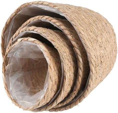 Set of 4 Seagrass Planter Basket, 6" 7" 9" 10" Hand Woven Plant Basket with Waterproof Plastic Liner, Round Natural Flower Pot for Indoor Outdoor Modern Home Decoration, Brown - Image 4