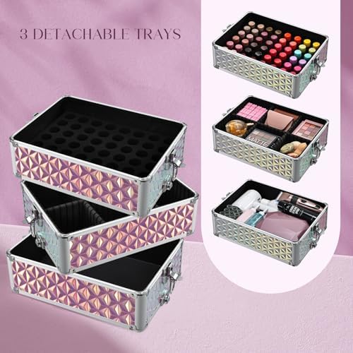 Yueieoun 5 in 1 Rolling Makeup Case, Cosmetology Case on Wheels Travel Make up Train Case Nail Cart Makeup Organizer Cosmetic Storage Box Cases Extra Large Trolley Truck with 360° Swivel Wheels, Pink - Image 3