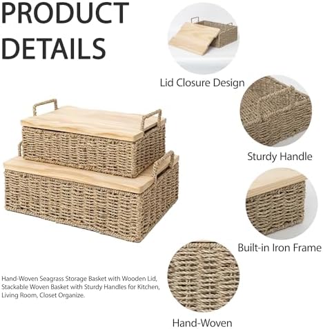 Woven Seagrass Wicker Storage Basket Set of 2 with Wooden Lids - Image 7