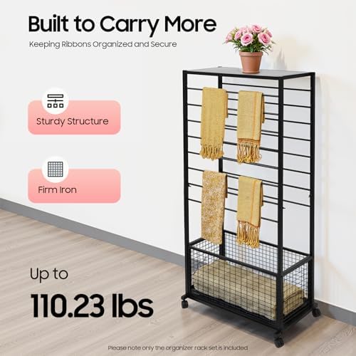Double-Sided 16-Layer Ribbon Holder Organizer Rack with Wheels Floor Standing Wrapping Paper Display Shelf for Florist Craft Room Cake Shop, 110lbs Load-Bearing Capacity - Image 3
