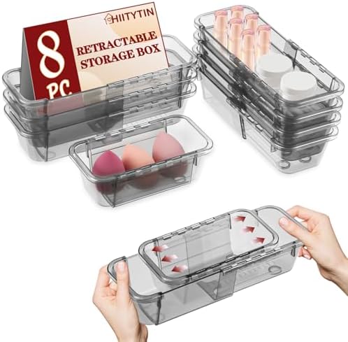 8 PCS Black Expandable Drawer Organizer, Medium Drawer Organizers and Storage, Vanity Dividers, Acrylic Storage Bins for Makeup, Jewelry Gadgets for Kitchen, Bedroom, Bathroom, Office by Hiitytin