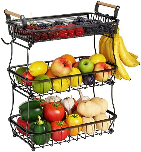 ANTOPY 3 Tier Fruit Basket with 2 Banana Hangers, Countertop Fruit Vegetable Basket Bowl for Kitchen Counter Metal Mesh Basket Fruits Stand Produce Holder Organizer for Onion Potato Bread Snack Veggie by ANTOPY