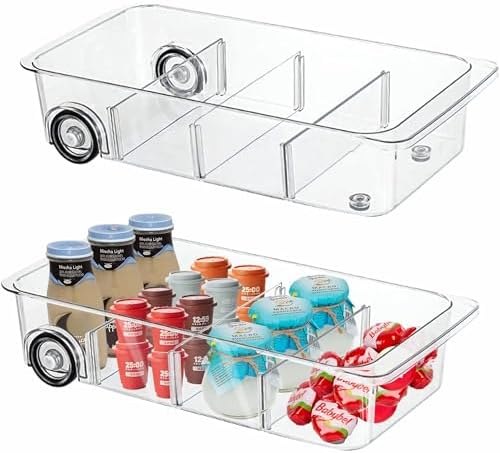 2Pack Roll Out Fridge Caddy Bins Pull Out Drawer with Wheels Refrigerator Organizer Bins with Handles Divided Fruit Caddy for Fridge Pantry Cabinet Storage Cans Drinks - Image 2