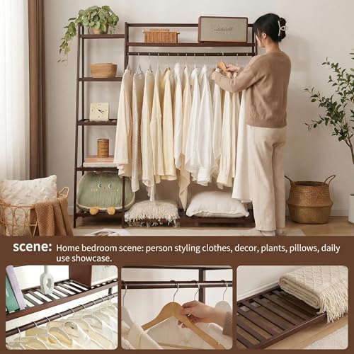 Baveke Standing Clothes Rack with Shelves, Free Standing Closet Garment Racks for Hanging Clothes, 7 Shelf Bamboo Closet Organizer System, Heavy Duty Clothes Hanging Rack for Bedroom - Image 7