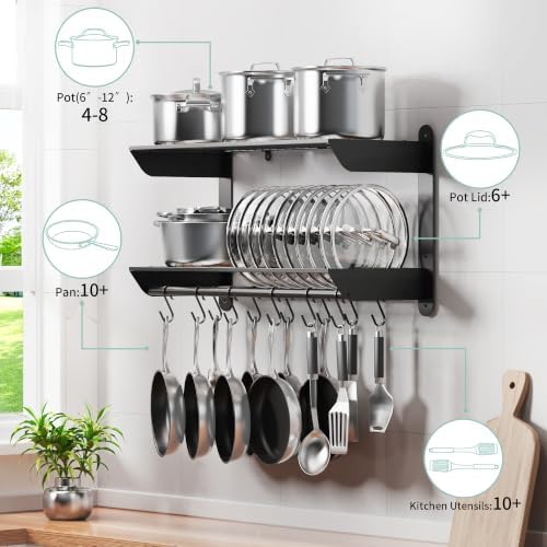 SUNTECH 31 Inch Pot Rack Wall Mounted, 2-Tier Wall Organizer for Pans, Pot - Image 6