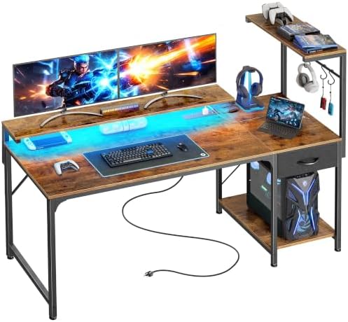 PRAISUN 55.1 Inch Gaming Desk with LED Lights & Power Outlets by PRAISUN