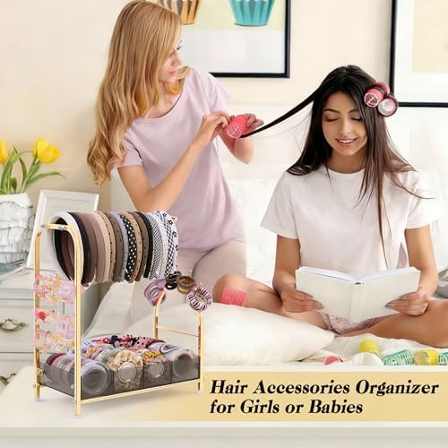 Keebofly Acrylic Hair Accessories Organizer, Versatile Headband Holder Stand for Scrunchies, Bows, Claw Clips, Hair Tie, Compact Hair Organizer Storage for Girls, Women, Babies, Amber & Gold-Plated - Image 6