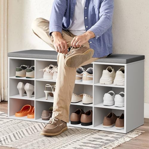 Aenuert 12-Cubby Shoe Rack with Cushion, 3-Tier Wood Shoe Organizer, Multifunctional Shoe Organizer Bench for Entryway, Mudroom, Hallway, Closet,36.22 * 11.81 * 17.7 Inch, White - Image 7