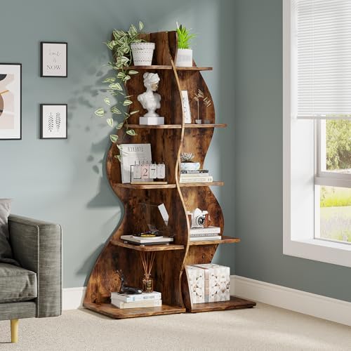 Tribesigns Corner Shelf, Rustic 5-Tier Wall Corner Bookshelf, Stylish Corner Small Bookcase Storage Rack Plant Stand with Unique Shape for Living Room, Home Office (2PCS, Brown) - Image 2