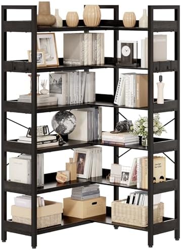 KOUSEI 6 Tier Bookshelf, L Shaped Corner Bookcase, 69 Inch, Black by KOUSEI