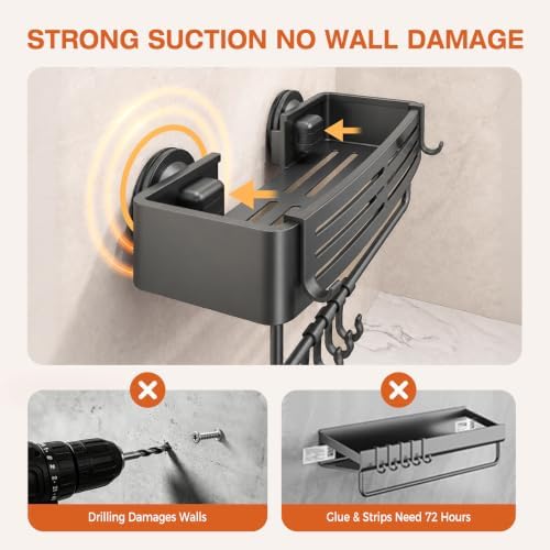 Lekesky Suction Cup Shower Caddy, No Drill Shower Shelves with a Towel Bar, Aluminum Rust Proof Bathroom Shower Organizer with 12 Hooks (2-Pack, Gunmetal Gray) - Image 2
