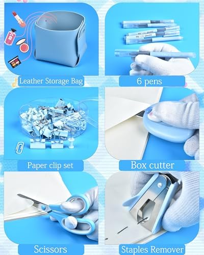 23pc Blue Desk Accessories and Organizers with Mesh Organizer Stapler Tape Dispenser Calculator and a Lot of Office Purple Office Supplies Beautifully Presented in a Gift Box - Image 5
