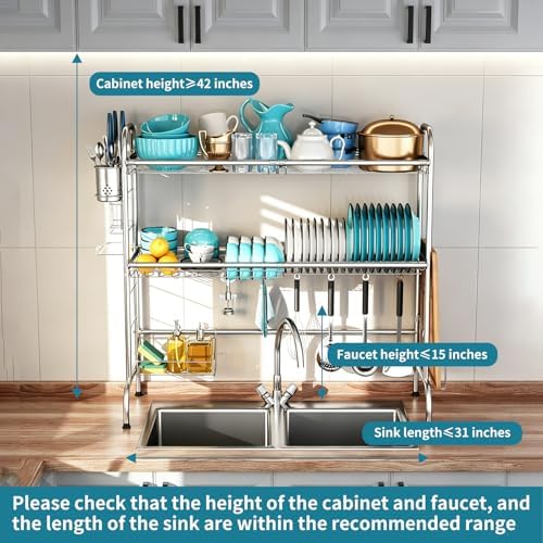 HOWDIA Stainless Steel 2-Tier Over The Sink Dish Drying Rack with Utensil Holder, Large, for Kitchen Counter - Image 2
