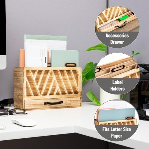 Mind Reader Natural Wood Desktop Mail Organizer with Drawer, 3-Tier Letter Holder with Label Slots, Office Desk Paper Sorter, Brown - Image 4