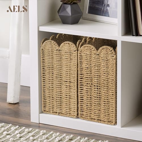 AELS Woven Natural Fibre Magazine Holder, Scalloped Edge Floor Magazine Rack, Hand-woven Organizer, Boho Modern Farmhouse Book Basket, File Newspaper Mail Holder for Office - Image 4
