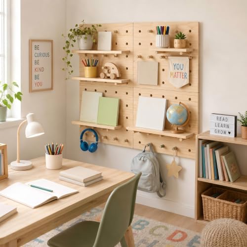 Gerrii 4 Pack Wood Pegboard Wall Organizer for Classroom 11.81 x 15.75 Inches Wooden Peg Board with Racks Hooks Modular Pegboard Organizer System for Teacher Supplies Student Work Display Office Craft - Image 6