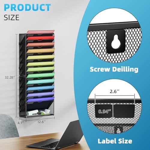 Marbrasse Wall File Holder 13-Tier Hanging Wall File Organizer, for Papers, Files Clipboard & Magazine Organizer, Wall Mount File Holder Great for Office Home (Black) - Image 2