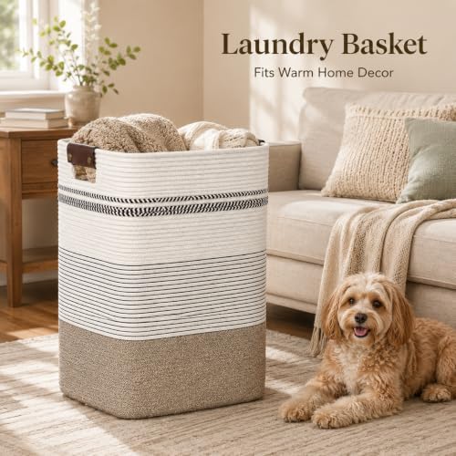 Laundry Hamper, Cotton Rope Laundry Basket with Leather Handles, 21.1-Gallon/80 L Large Clothes Hampers for Laundry, Woven Laundry Baskets for Blankets, Clothing, Bedroom, Living Room, Nursery - Image 6