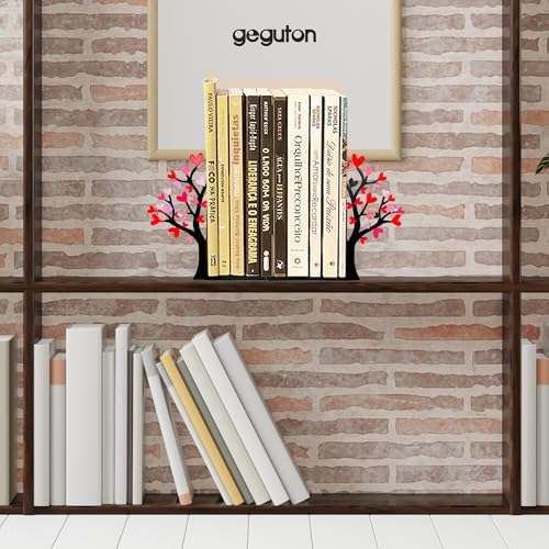 Tree Bookends with Heart-Shaped Leaves - Steel with Epoxy Coating and Wood Base - Decorative Pair of Book Holders for Shelves and Desk - Black with Red and Pink Accents – Geguton - Image 5