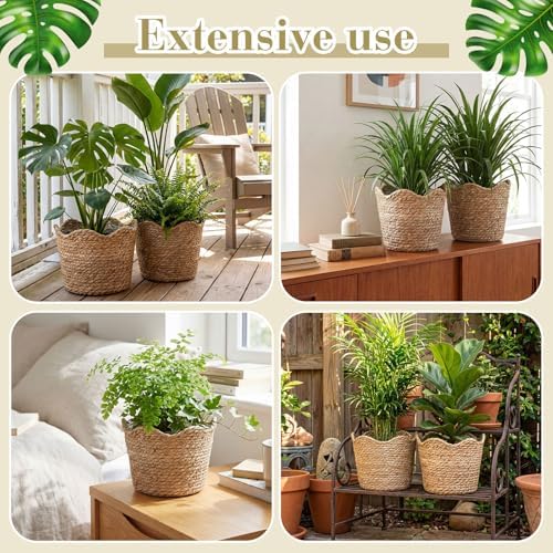 4 Pcs Large Seagrass Planter Basket with Plastic Lining Wicker Planter Basket Weaved Baskets for Plants Laundry Baskets Plant Container Straw Flower Pot for Indoor Outdoor Plants - Image 5