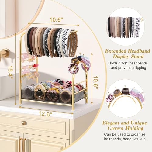 Keebofly Acrylic Hair Accessories Organizer, Versatile Headband Holder Stand for Scrunchies, Bows, Claw Clips, Hair Tie, Compact Hair Organizer Storage for Girls, Women, Babies, Amber & Gold-Plated - Image 3