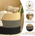 KAKAMAY Large Blanket Basket (18"x18"x16"),Woven Baby Laundry Hamper for Storage, Cotton Rope Blankets Baskets for Nursery, Laundry, Living Room, Pillows, Baby Toy Chest with Handles (Black) - Image 4