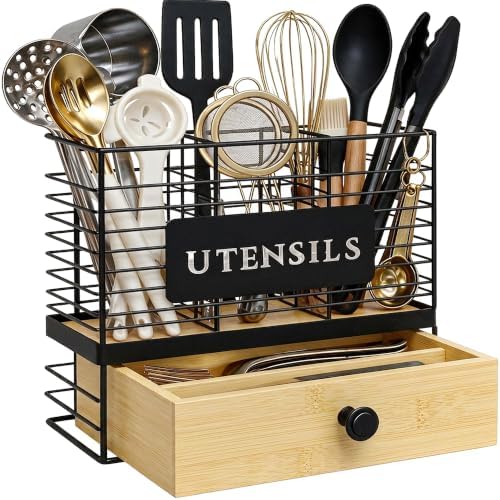 THYGIFTREE Kitchen Utensil Holder for Countertop, 2-in-1 Utensil Organizer with Drawer, Wall Mount or Counter Use, Utensil & Silverware Holder for Spatula, Cookware by THYGIFTREE