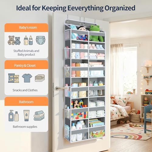 Yecaye Over The Door Organizer, 6 Tier Extra Large Behind Door Storage of 12 Compartments, 80lbs Heavy Duty Door Organizer Hanging with Clear Window for Closet Bedroom Pantry Bathroom, Grey - Image 5
