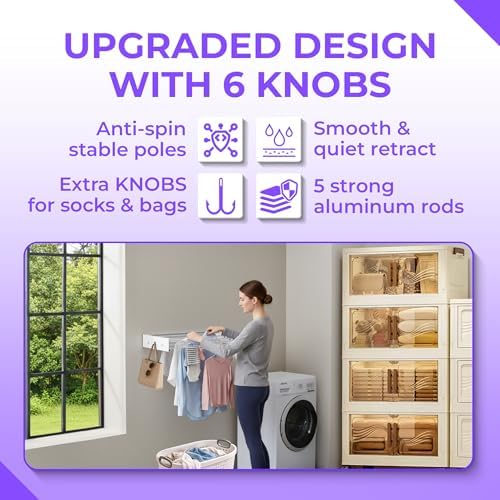 Wall Mounted Clothes Drying Rack - 31.5" Foldable Clothes Drying Rack Wall Mount, 5 Steel Rods With Knobs, Retractable Space-Saving Laundry Rack, Heavy Duty 60 lbs Capacity (Wall Template Included) - Image 6