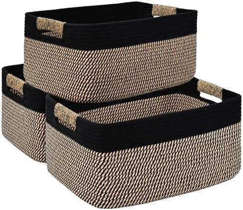 3 Pack Large Storage Basket for Organizing, 17.5"x13"x7" Woven Basket for Shelves, Closet Cube Storage Bins with Wrapped Handle, Cotton Rope Baskets for Kitchen, Clothes, Toys(Black & Brown) by Degeyoyo