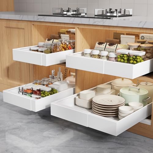 Seinloes 4 Pack Pull Out Cabinet Organizers 21" Deep With Raising Pad for Framed Cabinets, Expandable Width (9"-14") Slide Out Drawers Upgrade 3 Slide Rails, Roll Out Shelves Adhesive, White by Seinloes