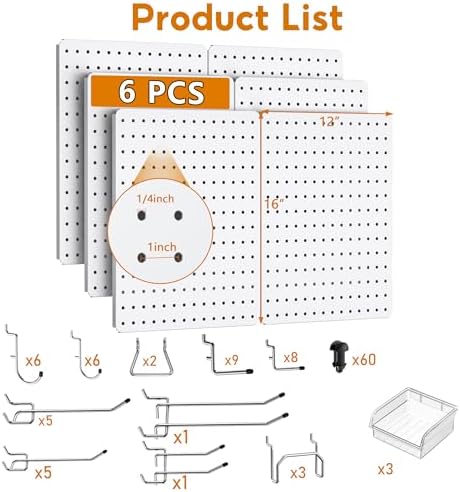 Peg Board, 112pcs Metal PegBoard Organizer with Accessories, 6 Pack 16'' x 12'' White Pegboard Panels with Hooks, Wall Organizer for Craft Room,Sewing Room,Office,Garage,Kitchen - Image 3