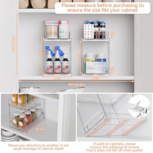 Yieach 4 Set Bathroom Organizers and Storage,2 Tier Clear Under Sink Organizer and Medicine Cabinet Organizer for Kitchen,Pantry Storage,Pull Out Drawers for Skincare,Pill Bottle,Spice Organization - Image 3