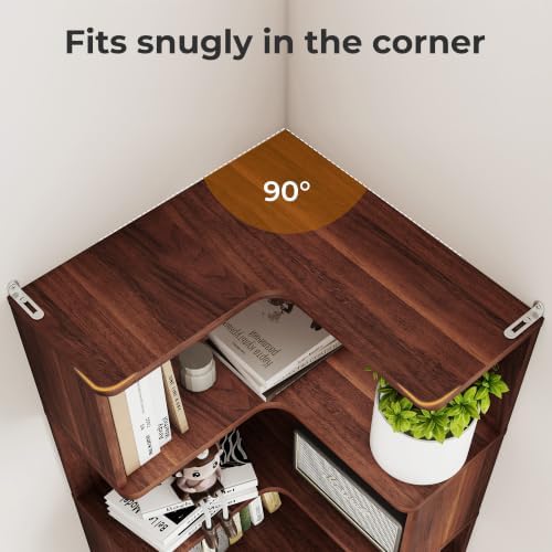 6-Tier L-Shaped Corner Bookshelf, 63" Tall Freestanding Wood Grain Corner Bookcase with Safety Baffle, Space-Saving Corner Shelf Storage for Living Room, Bedroom, Home Office, Walnut - Image 3