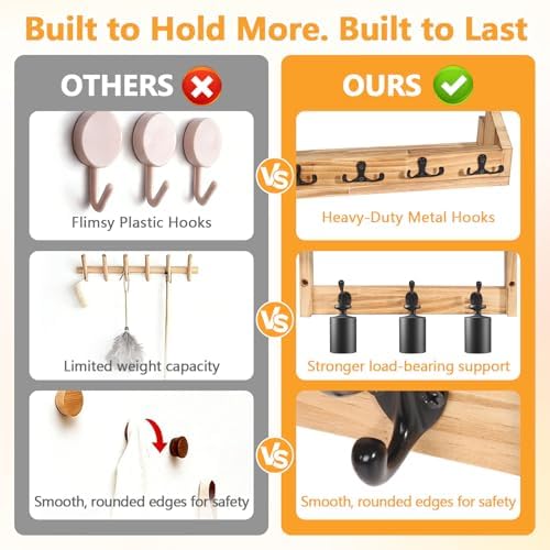 29" Coat Rack Wall Mount with Shelf,2Pcs Heavy Duty Coat Hooks Wall Mount with Shelf & Key Hooks,Farmhouse Wall Organizer for Living Room, Bedroom, Bathroom,Hats, Clothes, Backpacks - Image 4